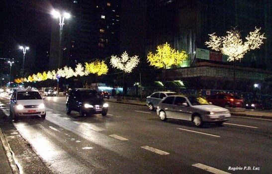 A avenida com árvores artificais iluminadas com leds