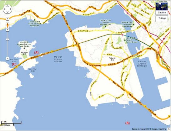 12- O «Fat Shan» tentou chegar a Ma Wan (A), mas largou âncora em (B) cuja corrente se partiu e foi arrastado 8km até (C) onde se virou.