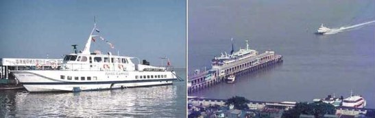 (foto es esquerda) 28- Um antigo «hydrofoil», junto ao batelão, nos anos 60s. (da direita) 29- A ponte em madeira à direita e a nova ponte-cais em betão à esquerda, nos finais dos anos 60s