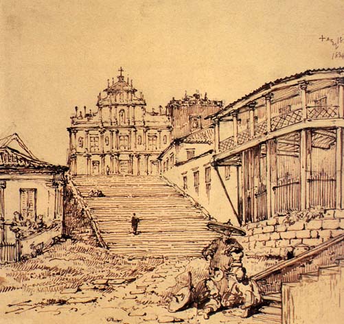 Igreja de Madre Deus (atual Ruínas de São Paulo). Desenho de George Chinnery