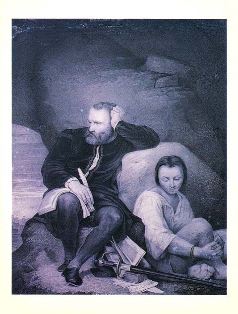 "Camões na Gruta de Macau" gravura, Lisboa, D.F.Lopes, 1886