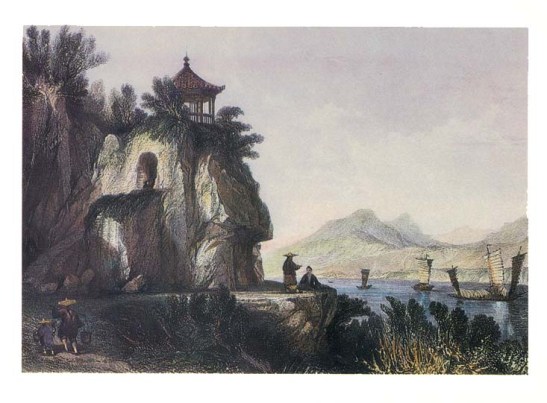 "A Gruta de Camoes, Macau" gravura de S.Bradshaw, segundo desenho de Thomas Allom, C. 1943 - Colecção do Museu de Arte de Macau