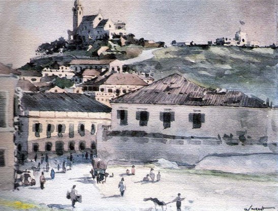 A Ermida da Penha vista do Porto Interior - de George V. Smirnoff . Aquarela (aguarela) em papel, c.1942/1943 (do Museu de Luís de Camões/Leal Senado/Macau)
