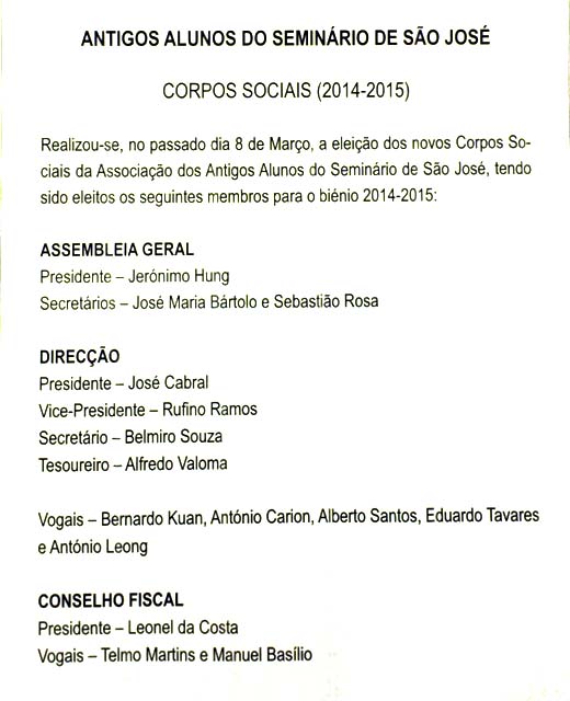 Associação Antigos Alunos do Seminario de São José corpos sociais 2014