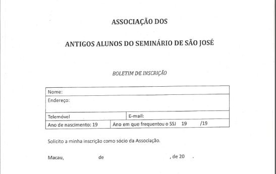 Boletim inscrção Associação dos Antigos Alunos do Seminario S.Jose