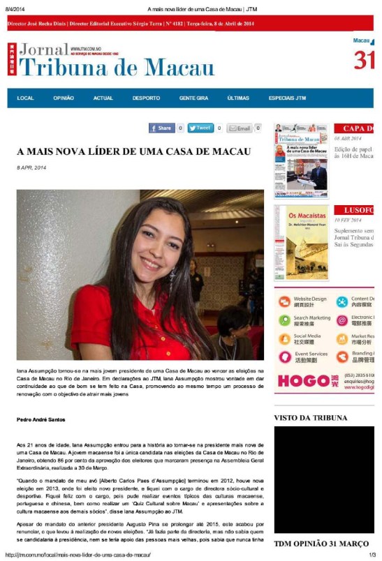 Iana Assumpção no Jornal Tribuna de Macau (1)