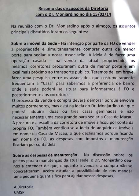 O comunicado da Direção sobre as negociações para venda e compra do imóvel da Casa de Macua