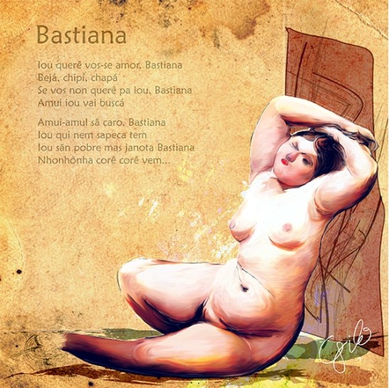 Gravura digital 30 x 30cm para impressão giclée. Releitura de obra de Jean Auguste Dominique Ingres - "La Femme aux trois bras" do neoclássico para ilustrar quadras propostas para a canção folclórica popular de Macau intitulada: "Cantá Bastiana". A letra e a gravura digital é de autoria de Virgílio César Placé. 