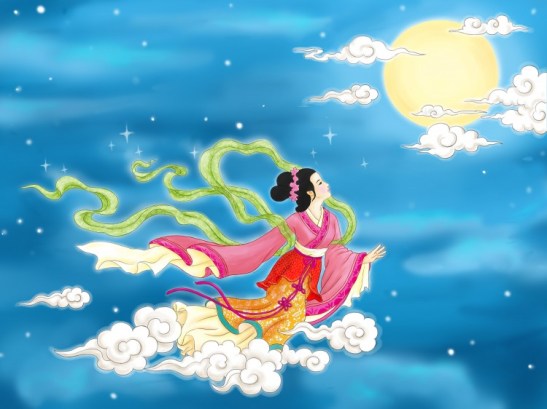 Chang’e ascende ao céu como uma deusa depois de beber o elixir da imortalidade. (Tao Yin/The Epoch Times)