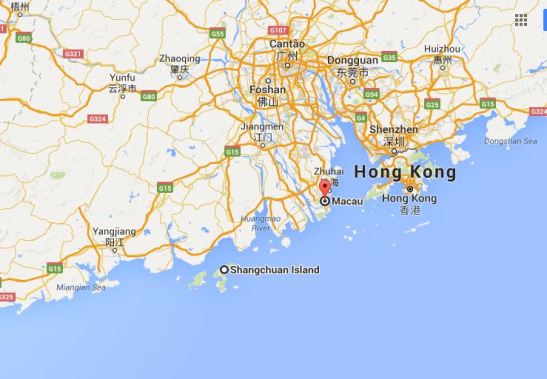 Localização da ilha de Sanchoão em relação a Macau. Extraído do Google Maps