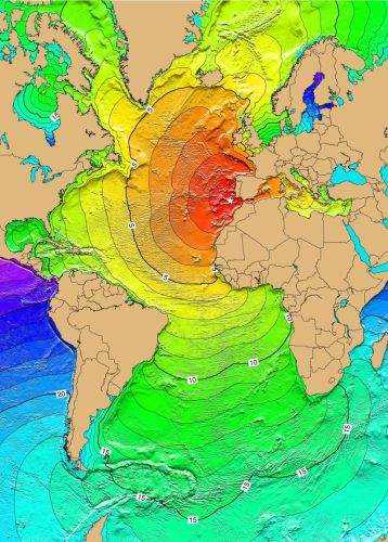 Localização potencial do epicentro do terramoto de 1755 e tempos de chegada do tsunami, em horas após o sismo (Wikimedia Commons)