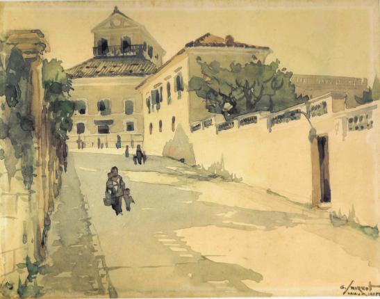 Travessa do Paiva em gravura de George Smirnoff. A casa de Arriaga no lado direito.