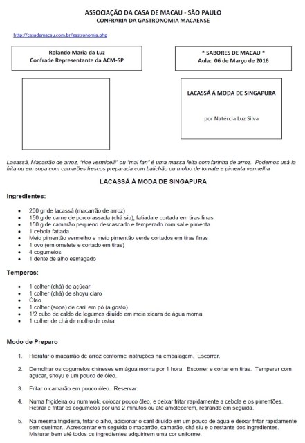 Receita Lacassa a moda de Singapura por Natercia Luz Silva